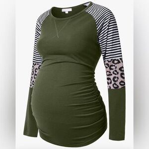 Olive Green Striped and Leopard Print Top Maternity